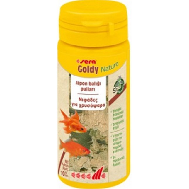 Sera Goldy Nature, τροφή ενίσχυσης χρώματος για χρυσόψαρα σε νιφάδες με 10% σπιρουλίνα.