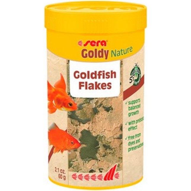 Sera Goldy Nature, τροφή ενίσχυσης χρώματος για χρυσόψαρα σε νιφάδες με 10% σπιρουλίνα.