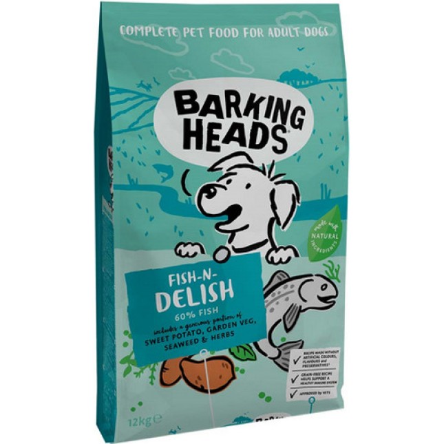 Barking πλήρης τροφή χωρίς σιτηρά, για το ενήλικο σκυλάκι σας με σολομό και πέστροφα fish n delish
