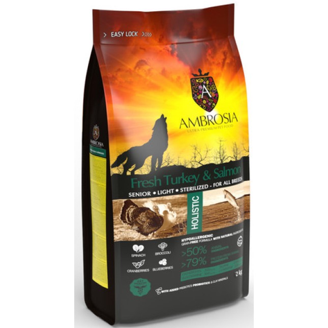 Ambrosia grain free ολιστική τροφή για υπερήλικα,υπέρβαρα & στειρωμένα σκυλιά με γαλοπούλα & σολομό Ambrosia grain free ολιστική τροφή για υπερήλικα,υπέρβαρα & στειρωμένα σκυλιά με γαλοπούλα & σολομό