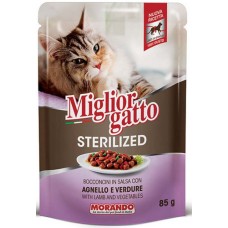 Morando Migliorgatto Τροφή για στειρωμένες γάτες με κομματάκια αρνί & λαχανικά σε σάλτσα 85gr