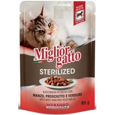Morando Migliorgatto Τροφή για στειρωμένες γάτες με κομματάκια βοδινό, προσούτο λαχανικά σε σάλτσα