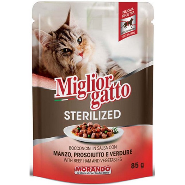 Morando Migliorgatto Τροφή για στειρωμένες γάτες με κομματάκια βοδινό, προσούτο λαχανικά σε σάλτσα