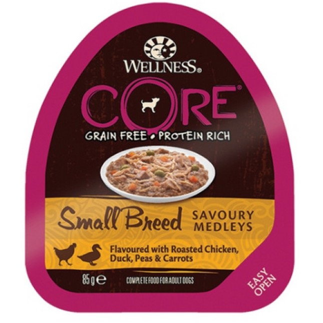 Wellness Core τροφή για σκύλους μικρόσωμων φυλών με κοτόπουλο, πάπια, αρακάς & καρότα 85gr