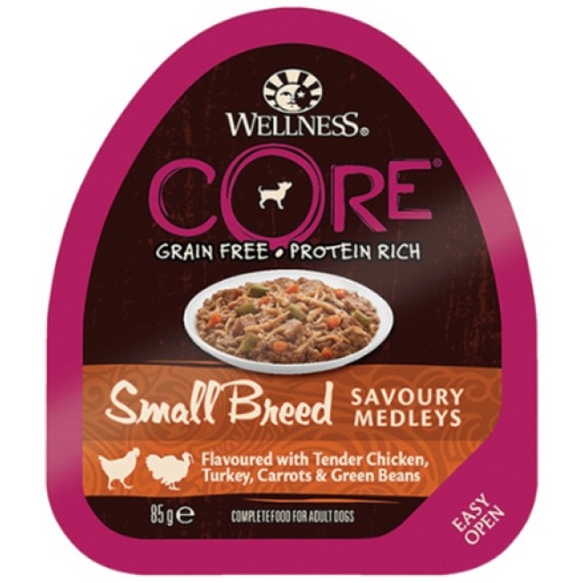 Wellness Core Small Breed Savoury Medleys Κοτόπουλο, Γαλοπούλα, Καρότα & Αρακάς 85gr