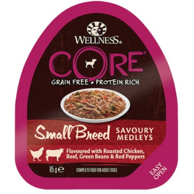 Wellness Core Small Breed Savoury Medleys Κοτόπουλο, Βοδινό, Αρακάς & Κόκκινες Πιπεριές 85gr