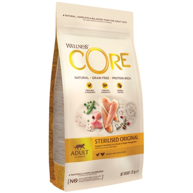 Wellness Core για τη διαχείριση του βάρους των αποστειρωμένων γάτων με κοτόπουλο και γαλοπούλα Wellness Core για τη διαχείριση του βάρους των αποστειρωμένων γάτων με κοτόπουλο και γαλοπούλα