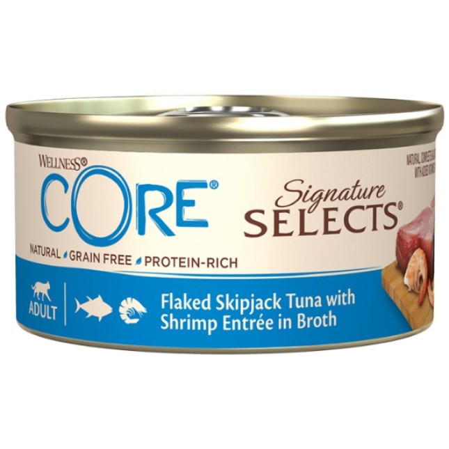 Wellness Core Signature Selects Flaked Skipjack Tuna με γαρίδες σε ζωμό 79gr