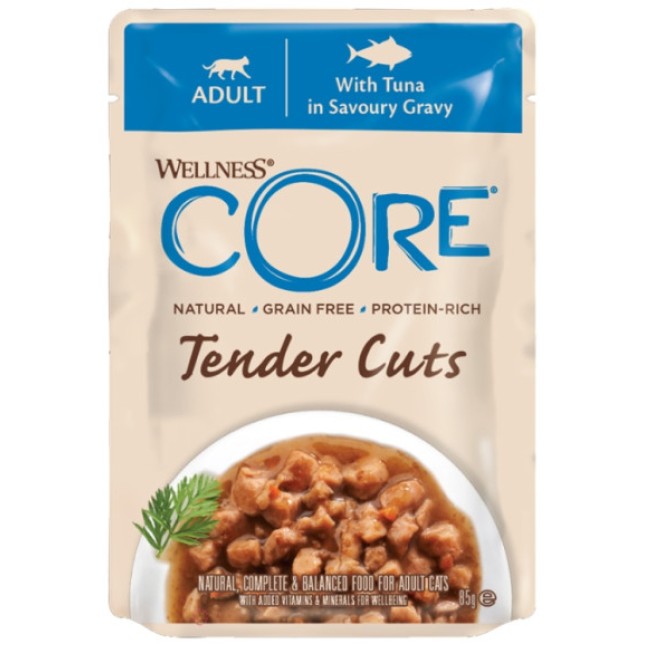 Wellness Core Τρυφερά κομμάτια με τόνο σε αλμυρή σάλτσα 85gr Wellness Core Τρυφερά κομμάτια με τόνο σε αλμυρή σάλτσα 85gr