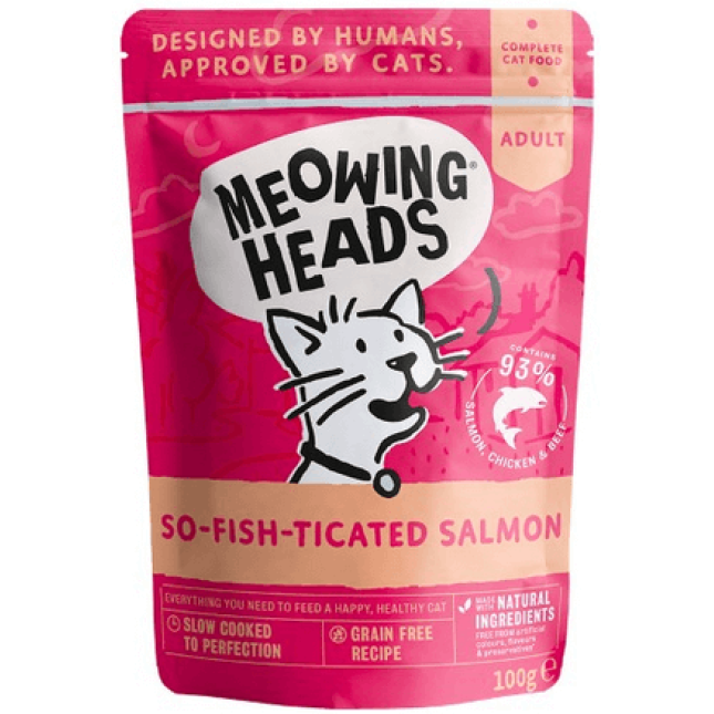 Meowing Heads τροφή για ενήλικες γάτες, σολομός, κοτόπουλο & βοδινό 100gr