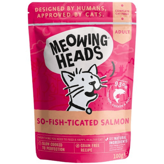 Meowing Heads τροφή για ενήλικες γάτες, σολομός, κοτόπουλο & βοδινό 100gr Meowing Heads τροφή για ενήλικες γάτες, σολομός, κοτόπουλο & βοδινό 100gr