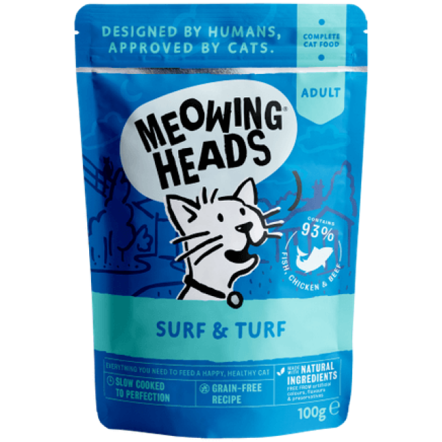 Meowing Heads τροφή για ενήλικες γάτες, ψάρι, κοτόπουλο & βοδινό 100gr Meowing Heads τροφή για ενήλικες γάτες, ψάρι, κοτόπουλο & βοδινό 100gr