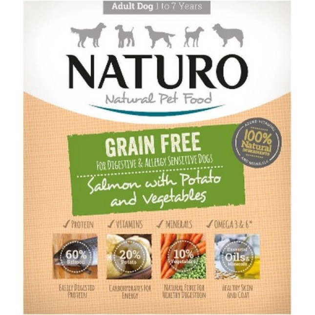 Naturo 100% φυσική τροφή για ενήλικες σκύλους Grain Free με σολομό, πατάτα και λαχανικά 400gr