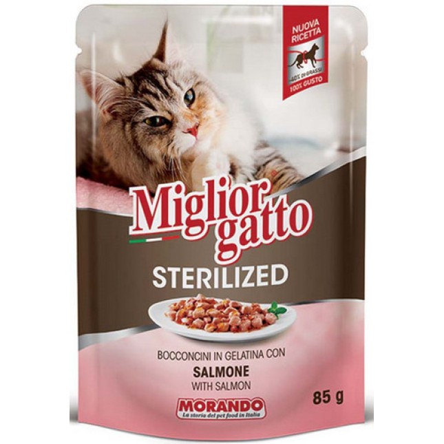 Morando Migliorgatto Τροφή για στειρωμένες γάτες με κομματάκια σολομού σε ζελέ 85gr