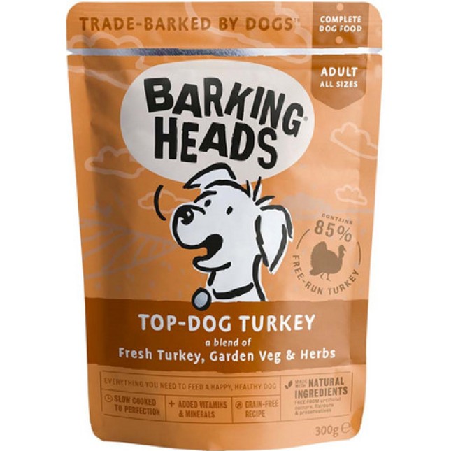 Barking πλήρης τροφή για ενήλικες σκύλους wet pouch top dog γαλοπούλα 300gr