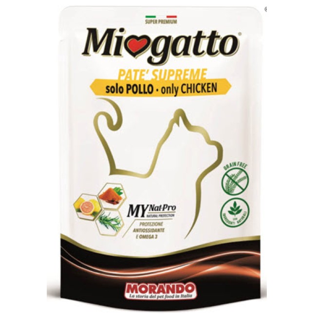 Miogatto pouches pate με κοτόπουλο ολοκληρωμένο προϊόν με έναν μόνο τύπο πρωτεΐνης ζωικής προέλευσης
