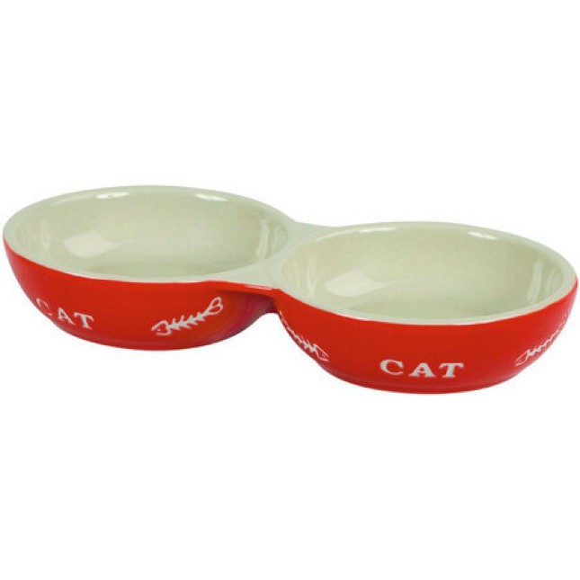 Kerbl όμορφο κεραμικό μπολ γάτας διπλό 2x200ml για φαγητό και νερό υψηλής ποιότητας κόκκινο-κίτρινο