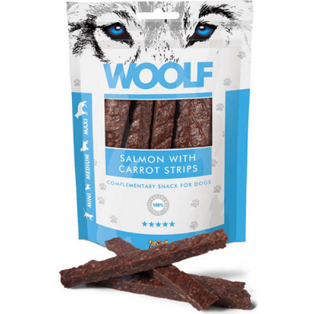 Woolf Salmon Carrot Strips Λιχουδιά με γευστικό σολωμό, με καρότο σε λωρίδες 100gr Woolf Salmon Carrot Strips Λιχουδιά με γευστικό σολωμό, με καρότο σε λωρίδες 100gr