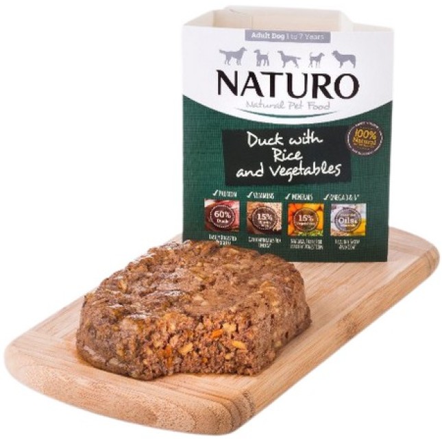 Naturo 100% φυσική τροφή για ενήλικες σκύλους με πάπια, ρύζι και λαχανικά 400gr