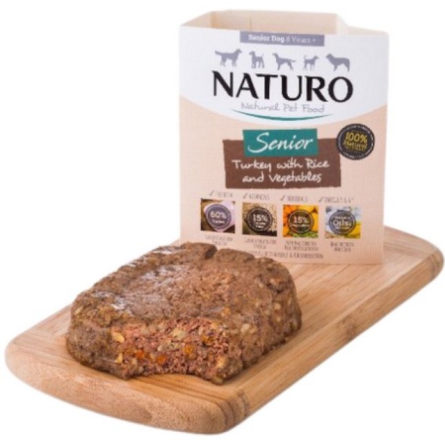 Naturo  100% Φυσική υγρή τροφή για ηλικιωμένα σκυλιά με γαλοπούλα, ρύζι και λαχανικά 400gr