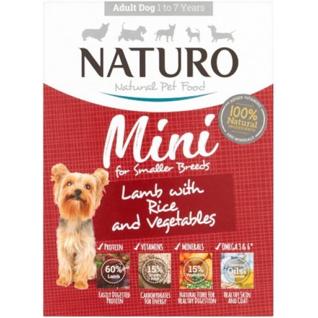 Naturo 100% φυσική υποαλλεργική τροφή για ενήλικες μικρόσωμους σκύλους με αρνί, ρύζι και λαχανικά
