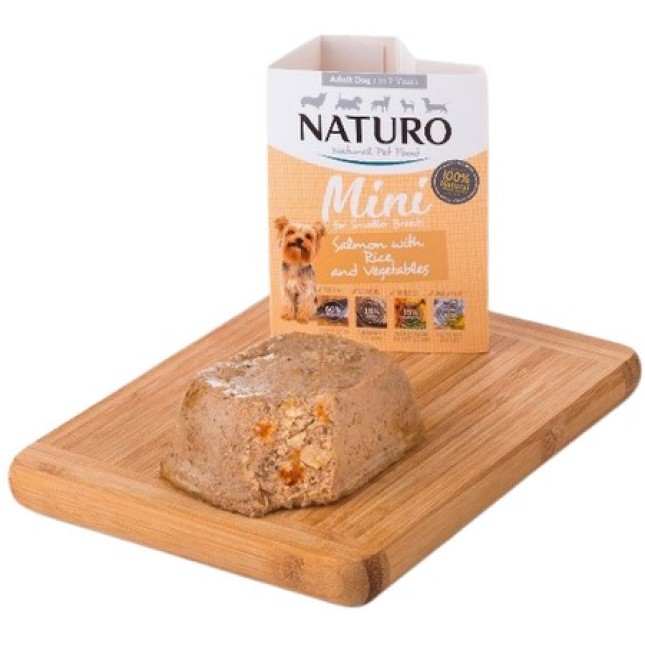 Naturo Φυσική τροφή για μικρόσωμα σκυλιά με πραγματικό σολομό, ρύζι και λαχανικά 150gr