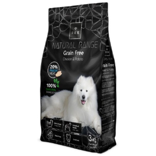 Rex ξηρή τροφή για ενήλικα σκυλιά grain free με κοτόπουλο και πατάτα 3kg Rex ξηρή τροφή για ενήλικα σκυλιά grain free με κοτόπουλο και πατάτα 3kg