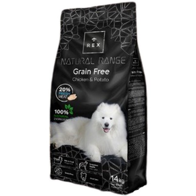 Rex ξηρή τροφή για ενήλικα σκυλιά grain free με κοτόπουλο και πατάτα 14kg Rex ξηρή τροφή για ενήλικα σκυλιά grain free με κοτόπουλο και πατάτα 14kg