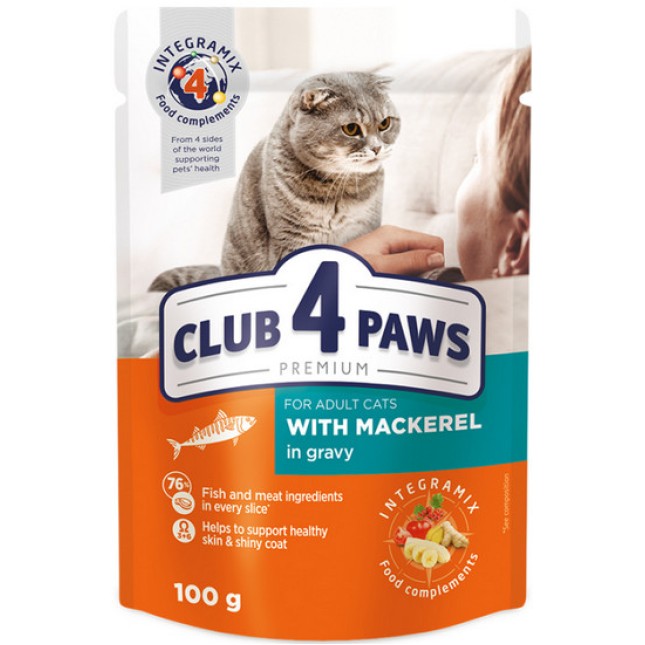 Kormotech Club 4 Paws Πλήρης υγρή τροφή για ενήλικες γάτες με σκουμπρί σε σάλτσα 100gr Kormotech Club 4 Paws Πλήρης υγρή τροφή για ενήλικες γάτες με σκουμπρί σε σάλτσα 100gr