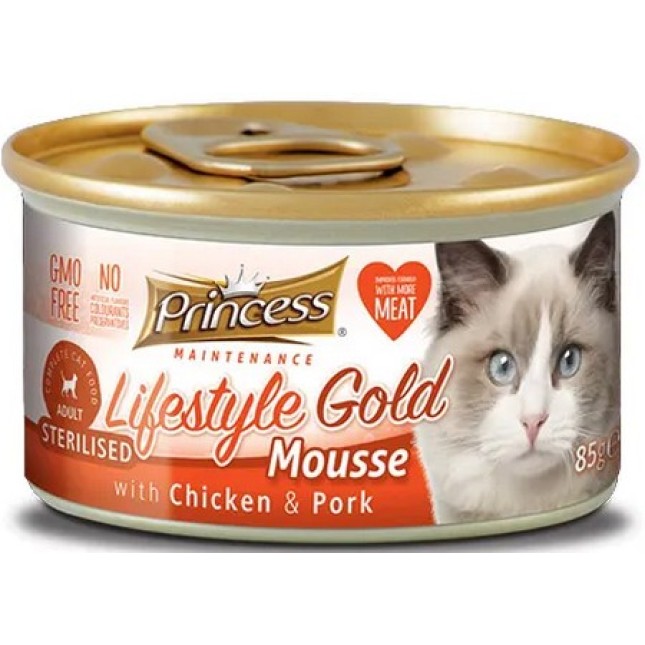 Princess Lifestyle Gold Mousse κοτόπουλο & χοιρινό για στειρωμένες γάτες 85g