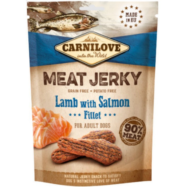 Carnilove SN Jerky με αρνί και φιλέτο σολομού με ακαταμάχητη γεύση που συμπληρώνει τη διατροφή 100g