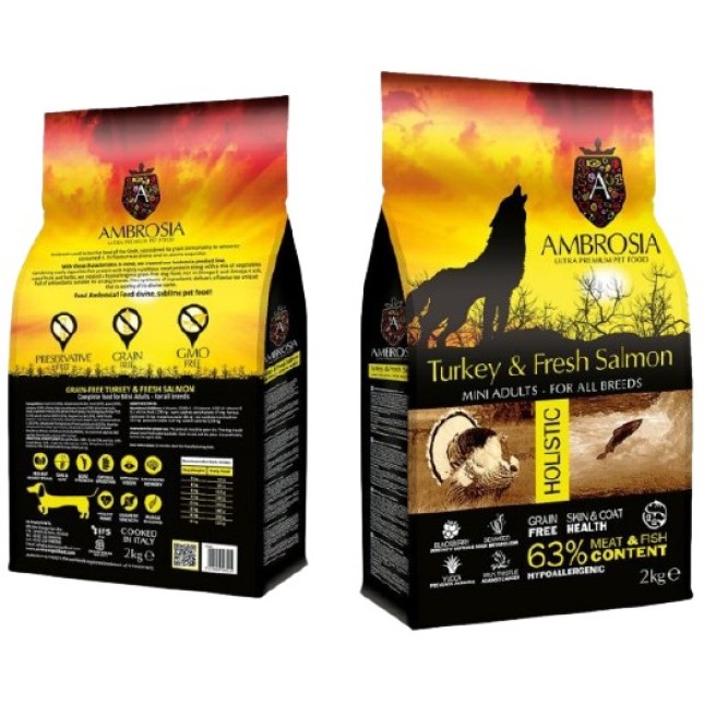 Ambrosia Ολιστική τροφή για ενήλικα μικρόσωμα σκυλιά με φρέσκια γαλοπούλα & σολομό grain free Ambrosia Ολιστική τροφή για ενήλικα μικρόσωμα σκυλιά με φρέσκια γαλοπούλα & σολομό grain free