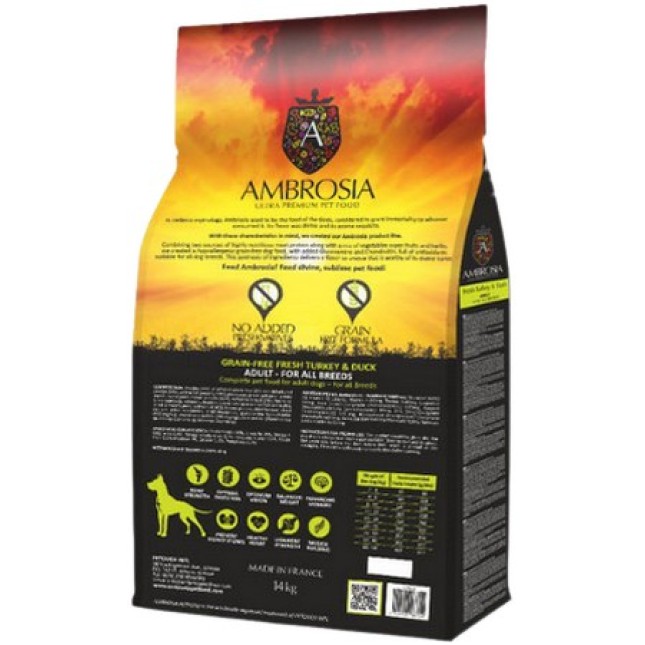 Ambrosia grain free ολιστική τροφή για ενήλικες σκύλους με γαλοπούλα & πάπια