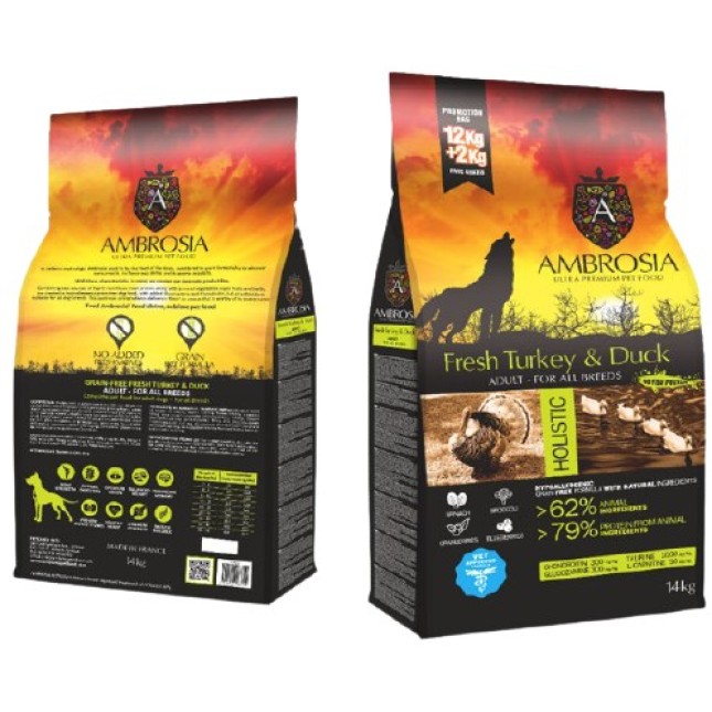 Ambrosia grain free ολιστική τροφή για ενήλικες σκύλους με γαλοπούλα & πάπια