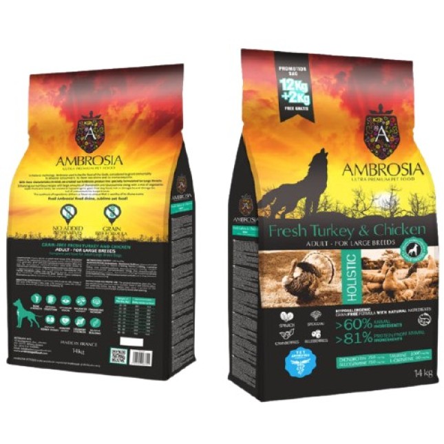 Ambrosia grain free ολιστική τροφή για ενήλικες μεγαλόσωμους σκύλους με γαλοπούλα & κοτόπουλο Ambrosia grain free ολιστική τροφή για ενήλικες μεγαλόσωμους σκύλους με γαλοπούλα & κοτόπουλο