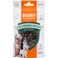 Boxby λιχουδιά υποαλλεργική περιέχει μία μόνο πρωτεΐνη σολομού με περιεκτικότητα σε ψάρι 100g