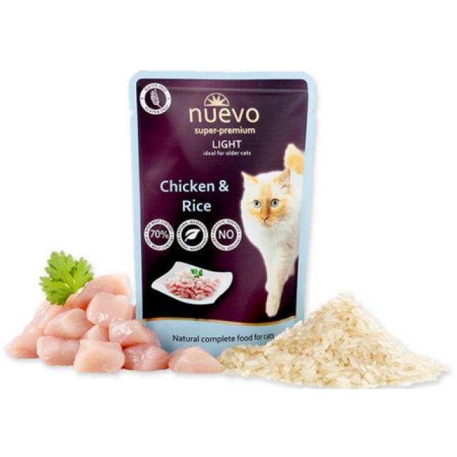 Nuevo Πλήρης τροφή με κοτόπουλο και ρύζι για ενήλικες υπέρβαρες γάτες
