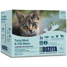 Bozita pouch multibox πλήρης τροφή γάτας μενού κρεάτων & ψαριών σε σάλτσα χωρίς σιτηρά 12x85gr