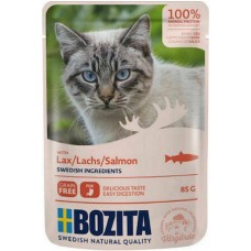 Bozita pouch τροφή χωρίς δημητριακά με κομμάτια σολομού σε σάλτσα κατάλληλη για όλες τις γάτες 85gr