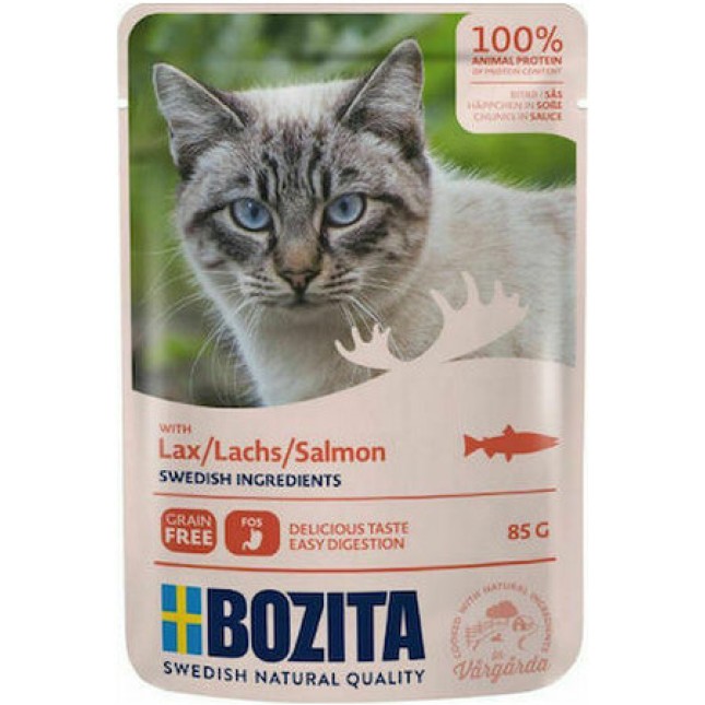 Bozita pouch τροφή χωρίς δημητριακά με κομμάτια σολομού σε σάλτσα κατάλληλη για όλες τις γάτες 85gr Bozita pouch τροφή χωρίς δημητριακά με κομμάτια σολομού σε σάλτσα κατάλληλη για όλες τις γάτες 85gr