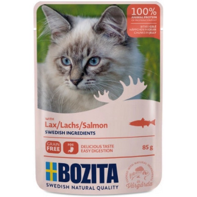 Bozita pouch τροφή χωρίς δημητριακά με κομμάτια σολομού σε ζελέ κατάλληλη για όλες τις γάτες