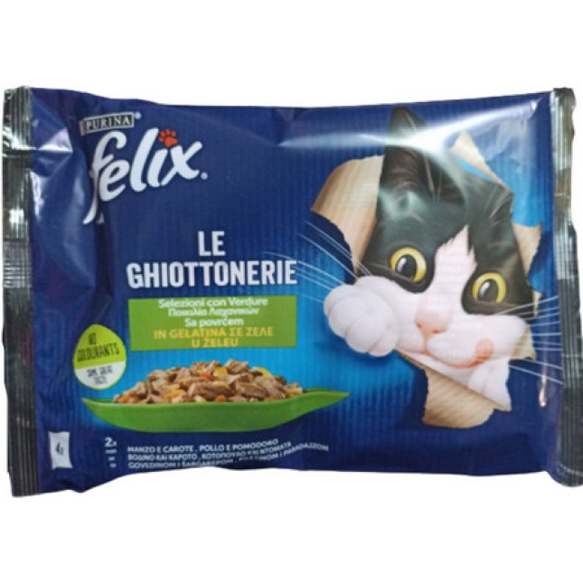 Purina Felix Πολυσυσκευασία με Βοδινό & Καρότα σε Ζελέ & Κοτόπουλο & Ντομάτα σε Ζελέ 4x85g