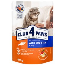 Kormotech Club 4 Paws Πλήρης υγρή τροφή για ενήλικες γάτες με μπακαλιάρο σε ζελέ