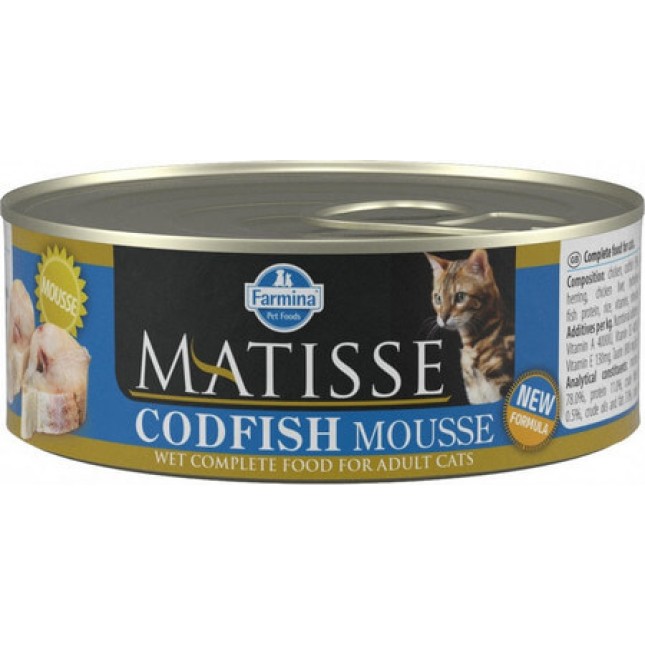 Farmina Matisse πλήρης υγρή τροφή για ενήλικες γάτες με κοτόπουλο, μπακαλιάρος, ρέγγα 85gr