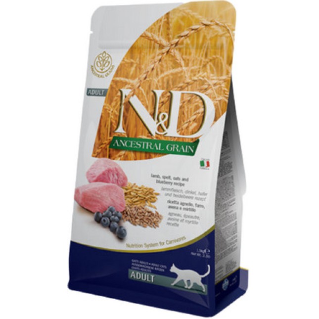 Farmina N&D πλήρης τροφή με αρνί, όλυρα, βρώμη, μύρτιλο για ενήλικες γάτες