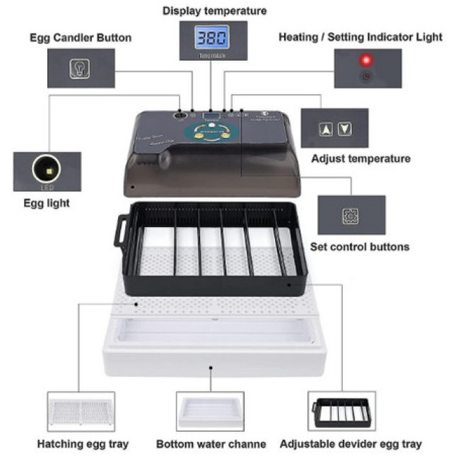 Αυτόματη εκκολαπτική μηχανή με ενσωματωμένο ωοσκόπιο για 20 αυγά κότας, 6 χήνας, 12 πάπιας