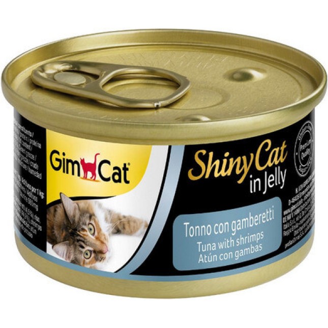 Gimcat shinycat υγρή τροφή για γάτες με υψηλής ποιότητας συστατικά, όπως τόνος & γαρίδες σε ζελέ