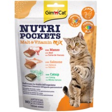 Gimcat Nutri pockets τραγανές λιχουδιές μείγμα βύνης & βιταμινών με βοδινό, σολομό & catnip 150gr