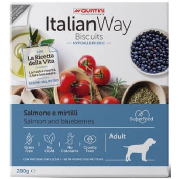 Giuntini Italian Way υποαλλεργικά μπισκότα σκύλου με υπερτροφές με σολομός & μύρτιλα 200gr Giuntini Italian Way υποαλλεργικά μπισκότα σκύλου με υπερτροφές με σολομός & μύρτιλα 200gr
