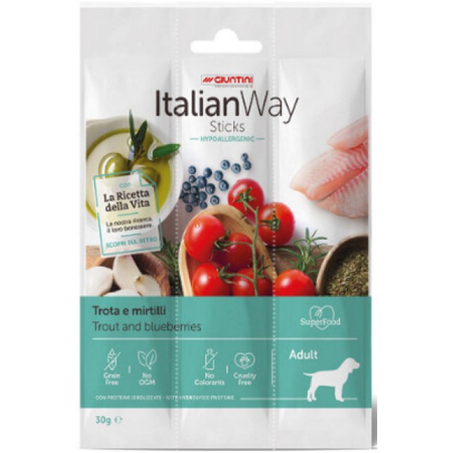 Giuntini Italian Way sticks σκύλου χωρίς δημητριακά υποαλλεργικό με γεύση πέστροφας & μύρτιλα Giuntini Italian Way sticks σκύλου χωρίς δημητριακά υποαλλεργικό με γεύση πέστροφας & μύρτιλα